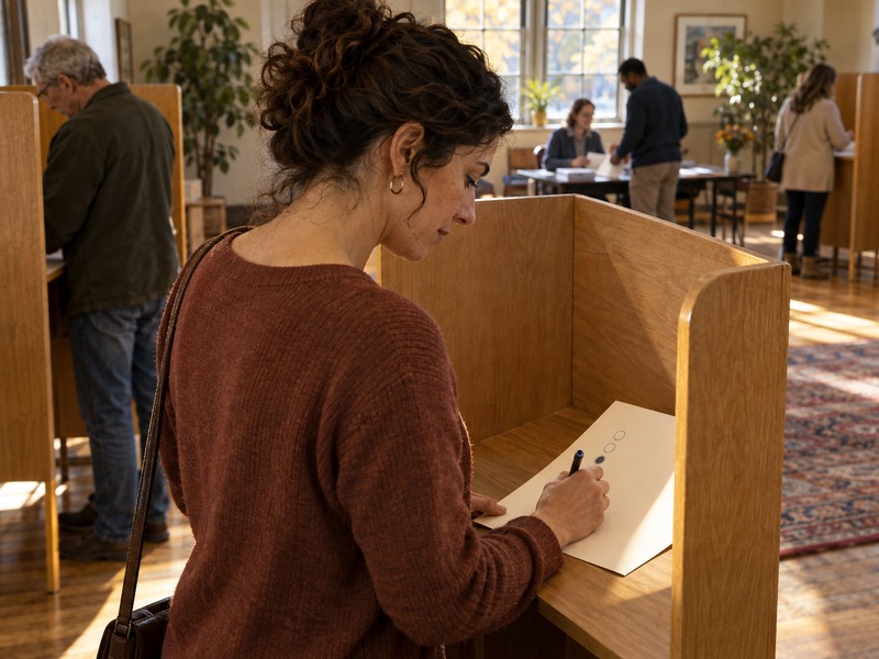 המחשה שנוצרה בבינה מלאכותית: מצביעת בחירות בוחנת פתק עם כמה אפשרויות בתא הצבעה