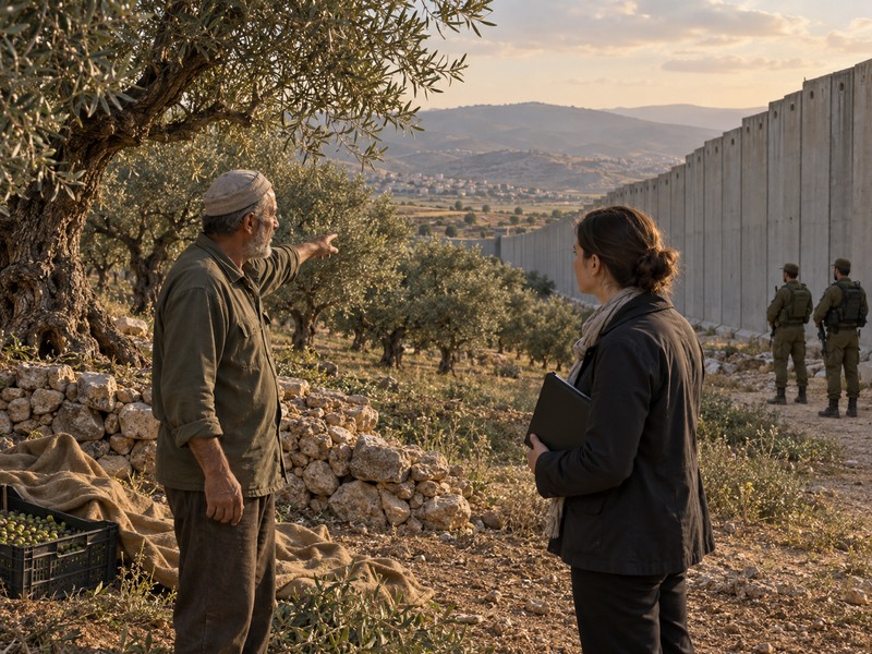 חקלאי מציג גישה למטע זיתים ליד מכשול ביטחוני בפני משקיפה משפטית