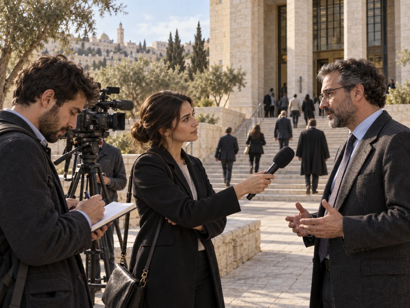 עיתונאים מראיינים מומחה למשפט מחוץ לבית משפט