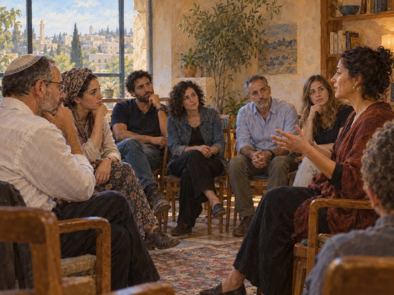 איור של מבוגרים דתיים וחילונים בשיחה קבוצתית