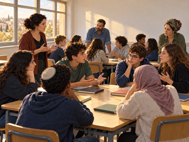 איור של מורה, אורחים ותלמידים בדיון כיתתי