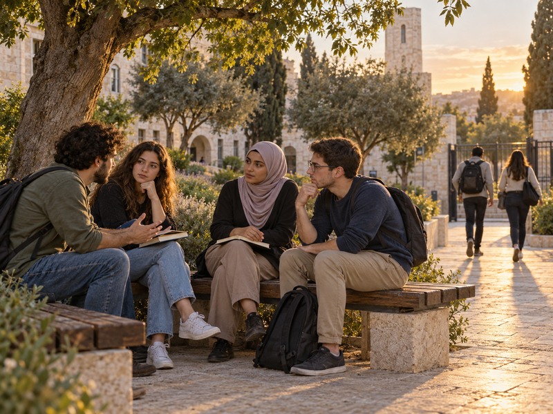 סטודנטים משוחחים בחצר קמפוס ואחרים יוצאים משטח האוניברסיטה