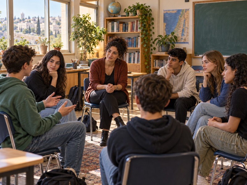מורה ותלמידים מקיימים שיחה קשובה במעגל בכיתה