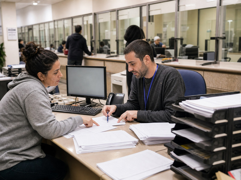 אישה יושבת מול עובד שירות ציבורי המסביר מסמך ליד מחשב וערימות תיקים במשרד קבלת קהל