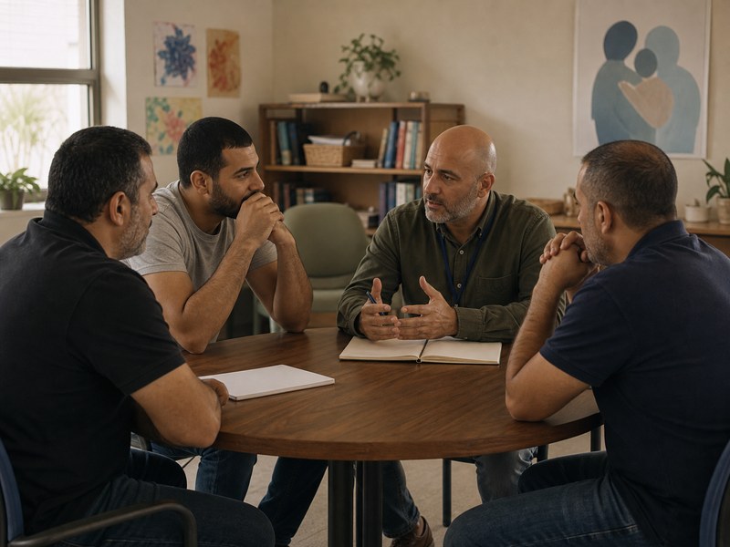 קבוצת אבות יושבת עם מדריך בחדר שירות קהילתי כמטפורה להדרכת הורים בחברה הערבית בישראל