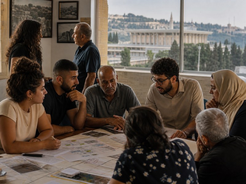 אזרחים ערבים בני דורות שונים מתכנסים בחדר קהילתי ומכינים חומרי השתתפות פוליטית מול נוף הכנסת