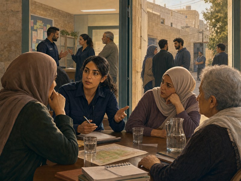 שוטרת ערבייה משוחחת עם נשים במרחב שירות קהילתי סמוך לתחנת משטרה