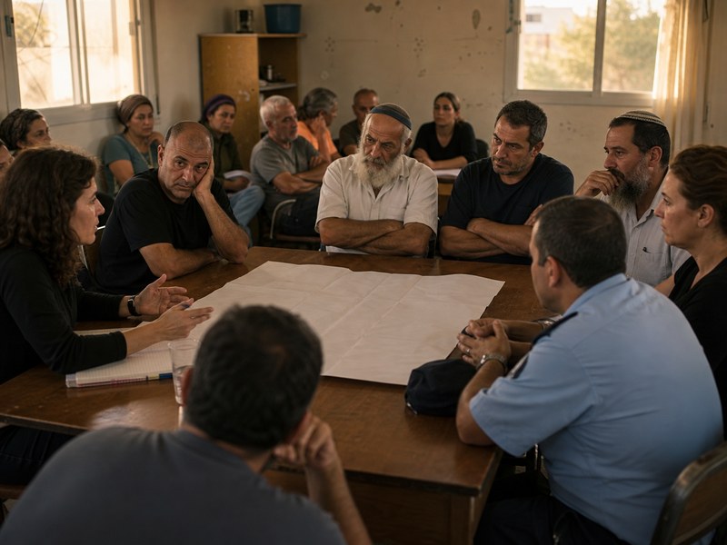 מפגש קהילתי מתוח בין תושבים, המחשה לדיון באיום נתפס, סמכותנות והדרה ערב פינוי עזה