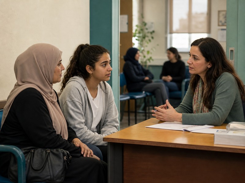 שיחה מכבדת במרפאה ציבורית בין יועצת, אם ומתבגרת על פנייה לעזרה נפשית ונגישות לשירותים