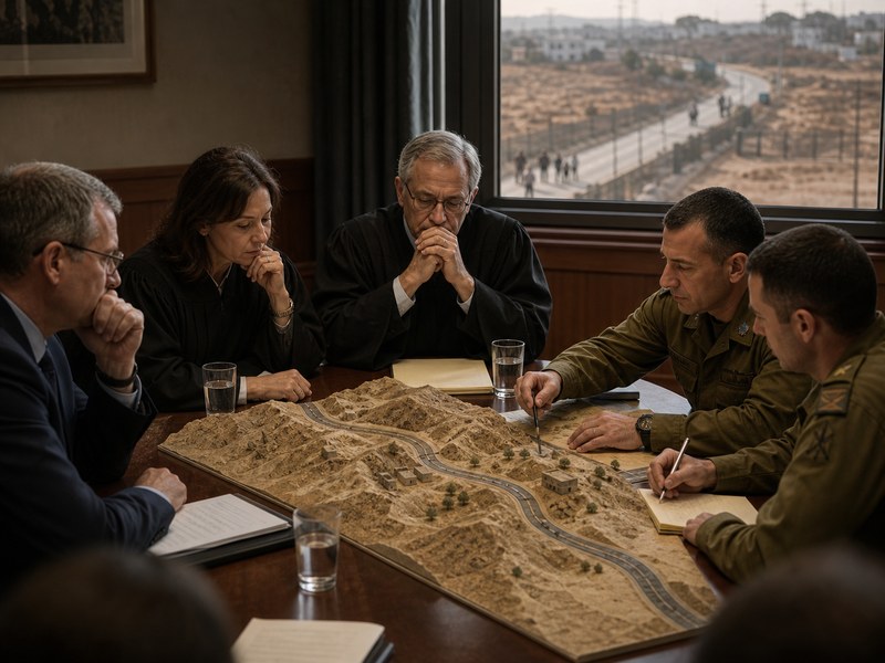 שופטים ומשפטנים צבאיים סביב דגם תבליט של כביש, כשדרך ואזרחים נראים מעבר להם, ללא כיתוב