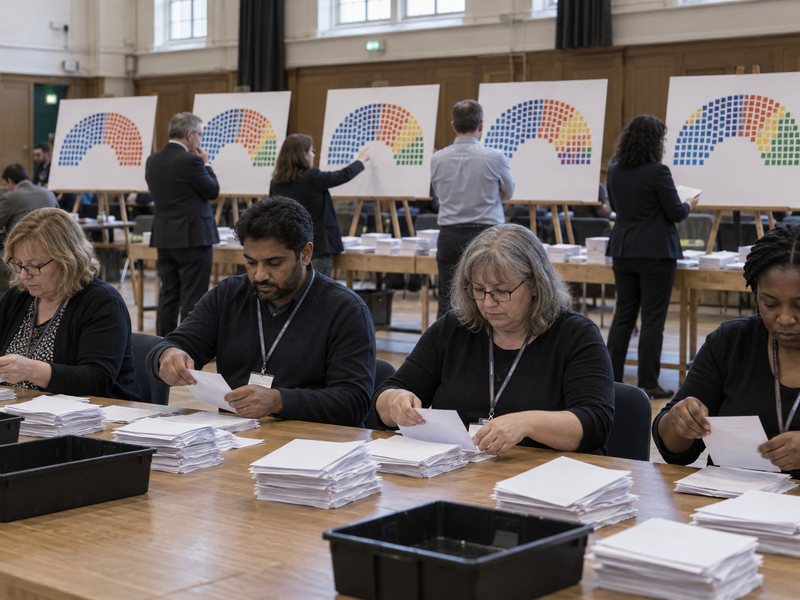 המחשה: עובדי בחירות סופרים פתקים ולצדם כמה חלוקות אפשריות של מושבי הפרלמנט