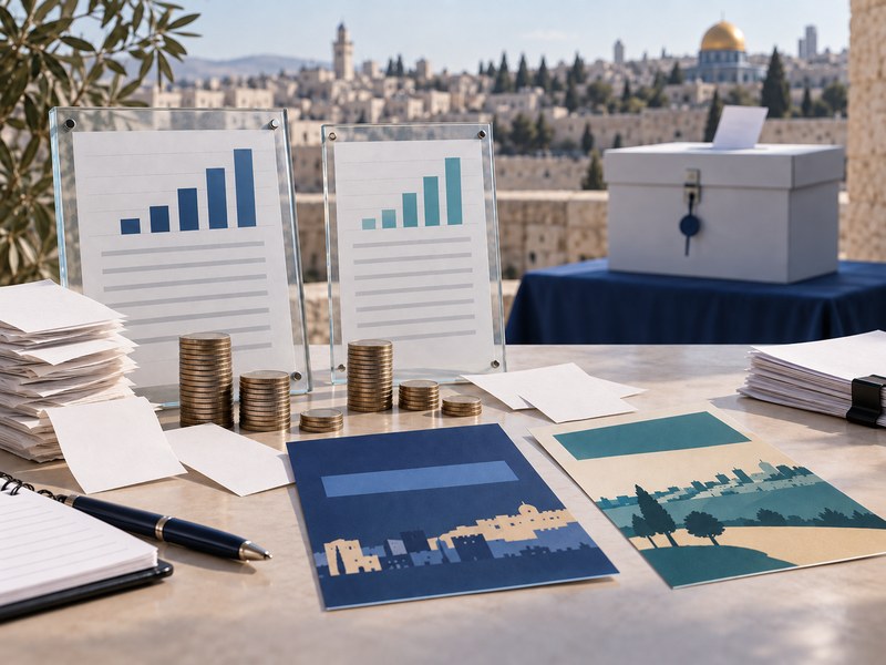 דפי תקציב ותרשימי עמודות ללא כיתוב לצד ערימות מטבעות וקלפי על רקע ירושלים