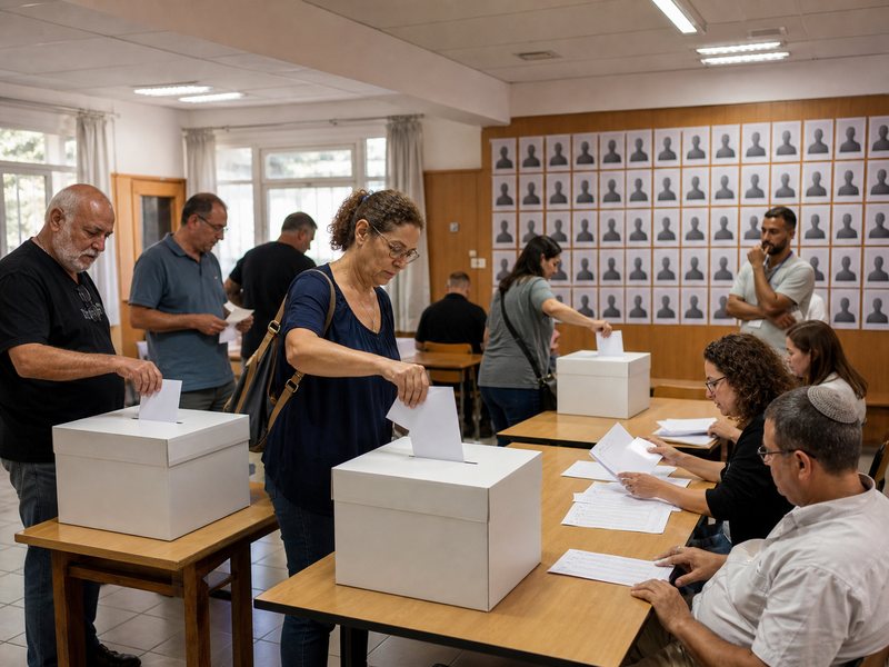 אנשים משלשלים פתקים ריקים לקלפיות מול ועדת קלפי וקיר של כרטיסי מועמדים