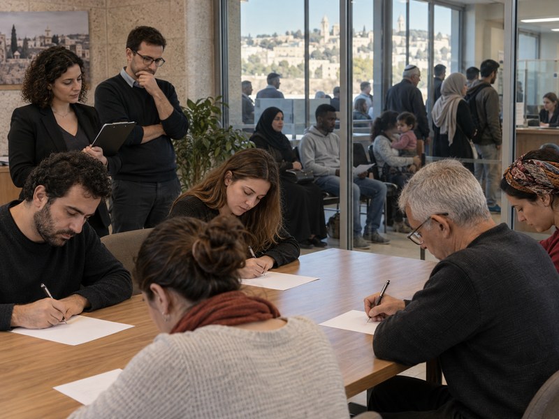 אנשים מרקעים מגוונים ממלאים טפסים סביב שולחן במרכז שירות ציבורי, המחשה לשאלות של אזרחות וגישה לזכויות