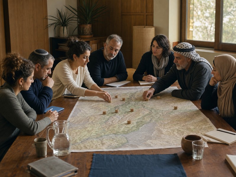 נציגי שתי קהילות מסמנים יחד גבולות והסכמות על מפה משותפת