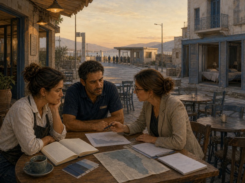 בעלי עסק תיירותי ועובדת מחקר בוחנים פנקס הזמנות ותרשים ליד בית קפה ומלון כמעט ריקים