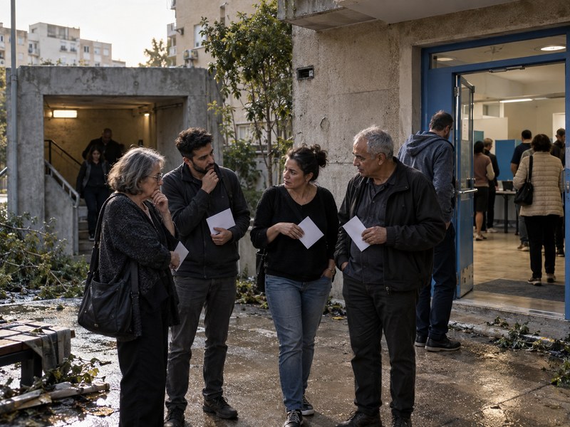 כמה מצביעים ישראלים אוחזים במעטפות ריקות ומשוחחים מחוץ לקלפי לצד חדר מדרגות שניזוק לאחר תקופת מתיחות
