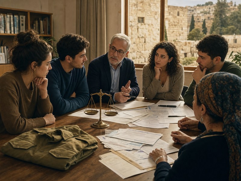 חיילת וחייל משוחררים בוחנים מסמך זיכוי מס לצד לשכת גיוס ומשרד אזרחי, כמטפורה למדידת נטל השירות