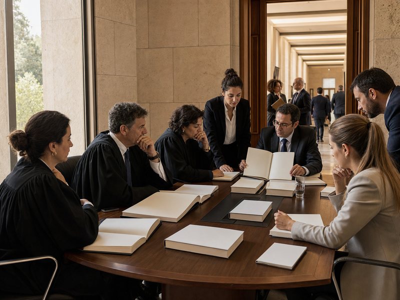 שופטים, מתמחים משפטיים ונציגי ציבור דנים סביב שולחן במסדרון מוסדי