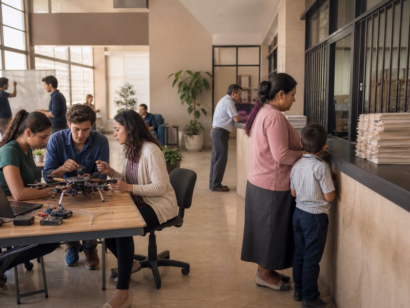 סדנת רחפנים ודלפק שירות ציבורי בחלל משותף, ללא כיתוב