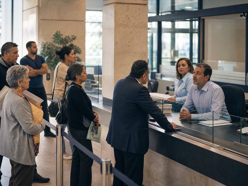 אזרחים ממתינים בדלפק שירות ציבורי בעוד אדם מקושר מקבל גישה מועדפת, ללא כיתוב