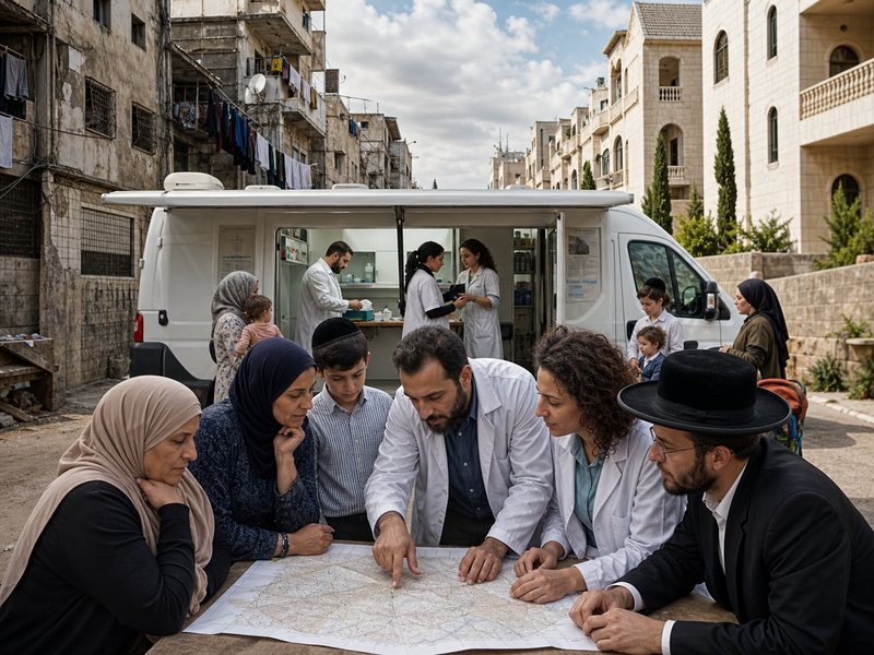 צוות בריאות ציבור משוחח עם נציגי קהילות מגוונות סביב מפה של יישובים ונתוני תחלואה, המחשה להתאמת מדיניות בזמן מגפה