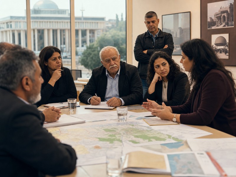 פעילים ואנשי ציבור ערבים יושבים סביב שולחן עם מסמכים ומפות במרחב אזרחי מול מבנה מוסדי ישראלי