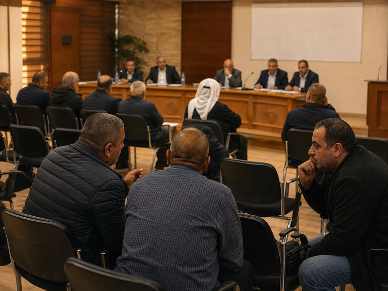 אולם מועצה מקומית עם תושבים בדיון כמטפורה לשלטון מקומי וייצוג פוליטי ערבי־פלסטיני בישראל