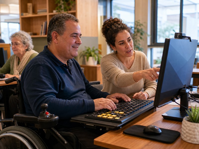 גבר בכיסא גלגלים משתמש במחשב בעזרת מדריכה במרכז קהילתי נגיש