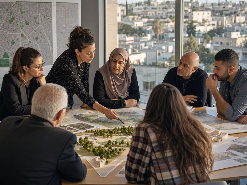 תושבים ומתכננים עירוניים בוחנים מודל ומפות של פארקים ושבילים בעיר מעורבת בישראל כדי לדון בנגישות לשטחים ירוקים