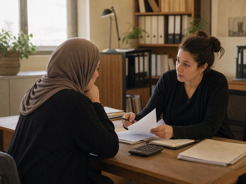 פגישה במשרד סיוע משפטי סביב מסמכים ריקים כמטפורה לחוב כפוי והתעללות כלכלית
