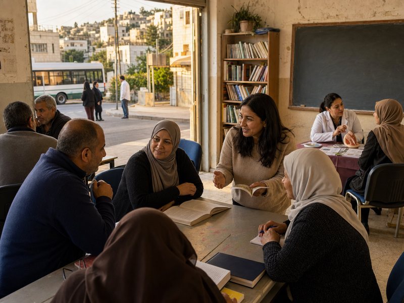 מבוגרים ומדריכי בריאות קהילתיים משוחחים בחדר למידה ביישוב ערבי, ועיירה ואוטובוס נראים בחוץ