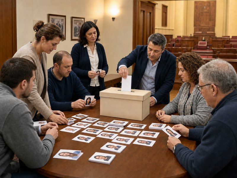 פעילי מפלגה ממיינים כרטיסי מועמדים סביב שולחן ולצדו קלפי בחדר סניף
