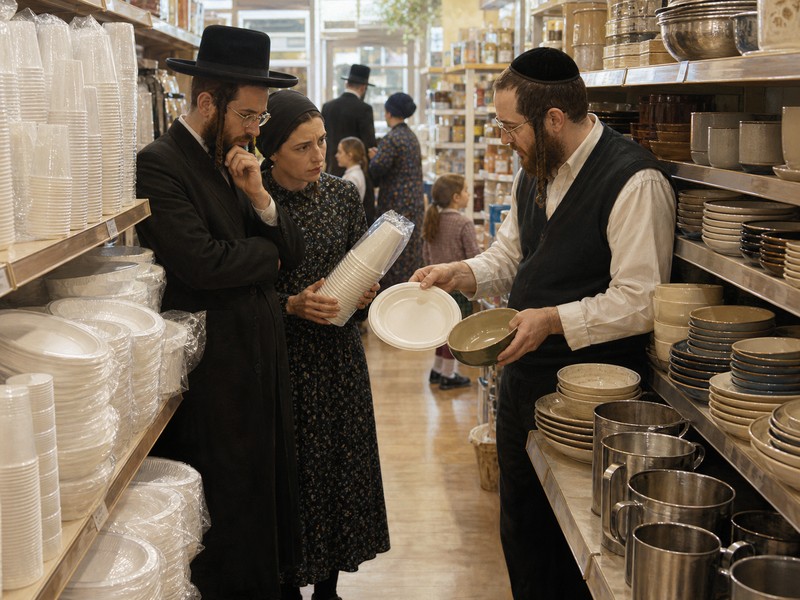 זוג חרדי ובעל חנות משווים כלי פלסטיק חד־פעמיים לכלי אוכל רב־פעמיים בין מדפי חנות