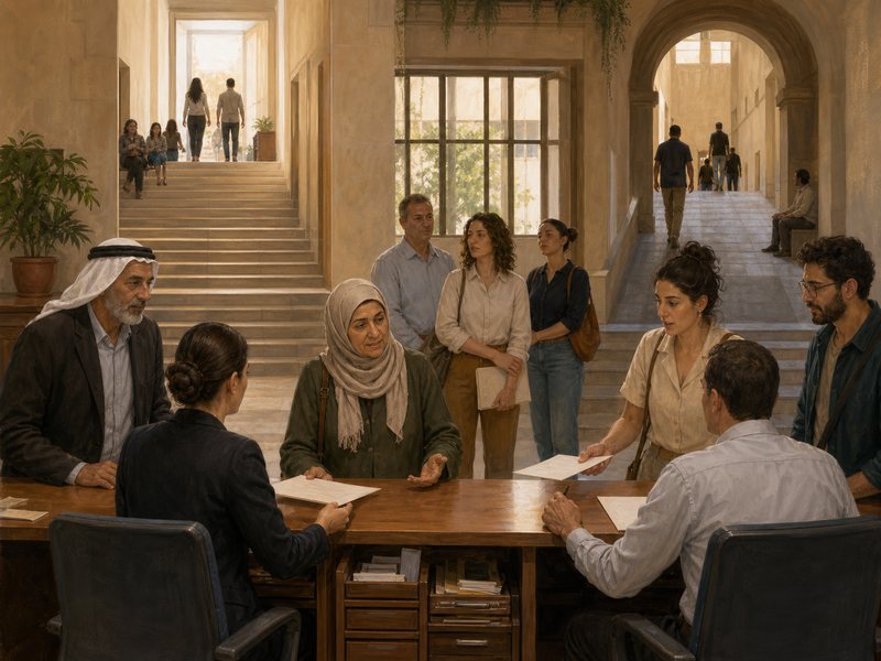אנשים משוחחים סביב שולחן באולם שירות ציבורי פנימי בעוד אחרים ממתינים ברקע