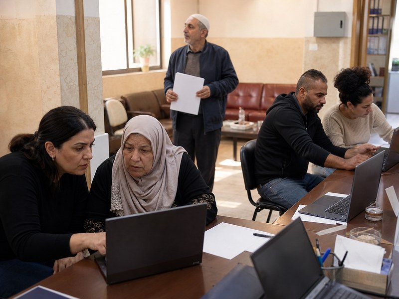 תושבים במרכז שירות מקומי נעזרים יחד בעמדות ממשל מקוון ללא טקסט קריא