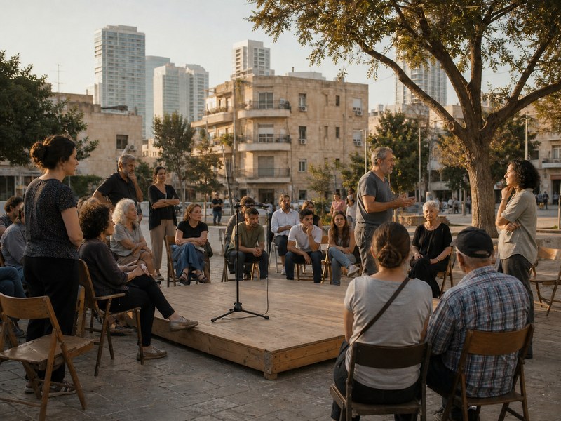 אספת בחירות ישראלית שבה קהלים משכבות שונות פונים אל במה אחת, המחשה לגיוס פופוליסטי ולשסע אתנו־מעמדי