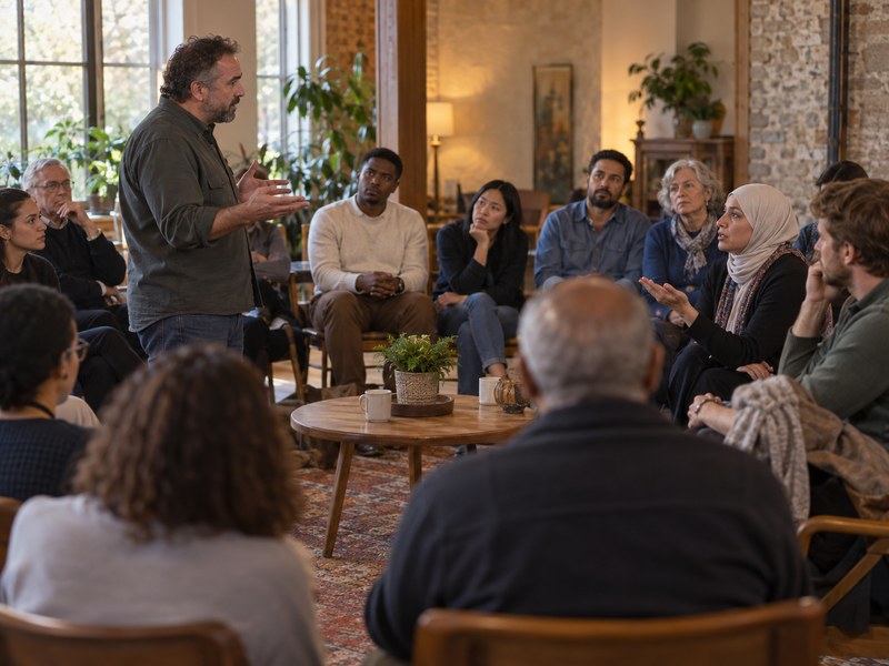 קבוצת אנשים מגוונת יושבת במעגל לדיון פנימי, ושני דוברים מציגים עמדות מנוגדות