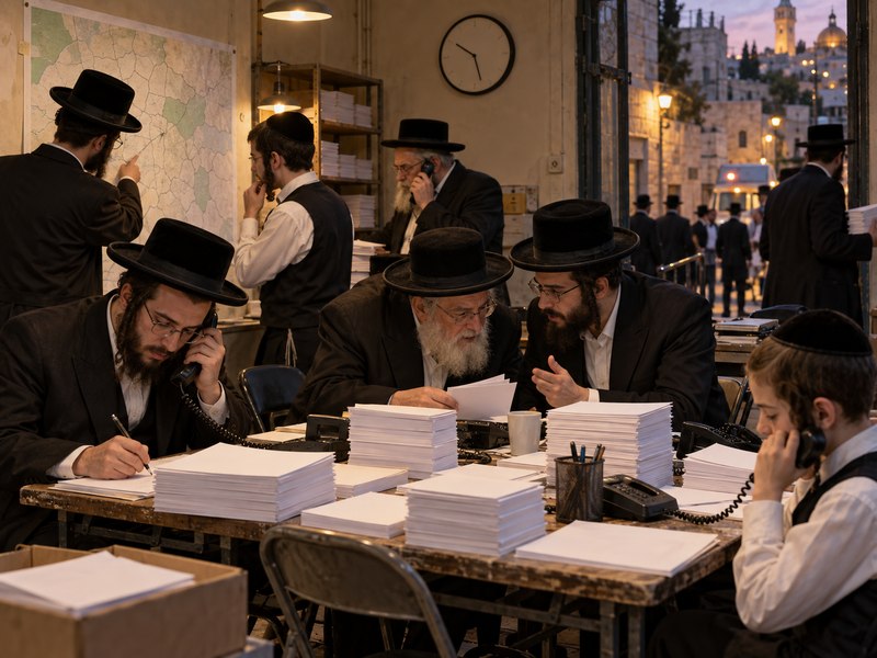 פעילי בחירות חרדים מנהלים קמפיין חירום בחדר עמוס טלפונים, מפות וערימות דפים