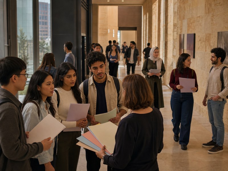 שתי סטודנטיות ניצבות במסדרון אוניברסיטאי בין לוחות כתובים בסינית, בערבית ובעברית