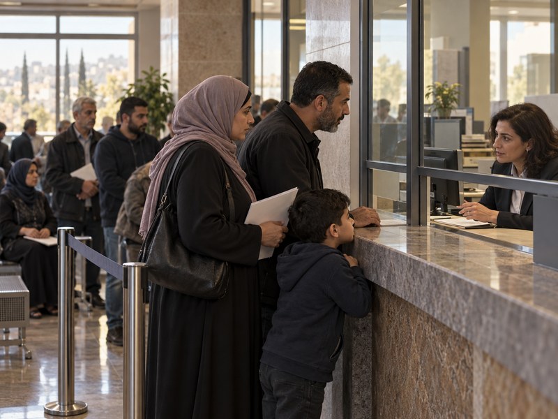 משפחה ערבית־פלסטינית ממתינה לקבלת שירות מול דלפק ציבורי במבנה מוסדי