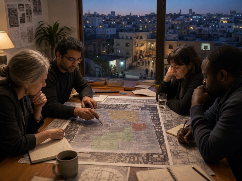 חוקרים ומשפטנים בוחנים שכבות של מפה אווירית מעל עיר בדיונית צפופה בשעת דמדומים