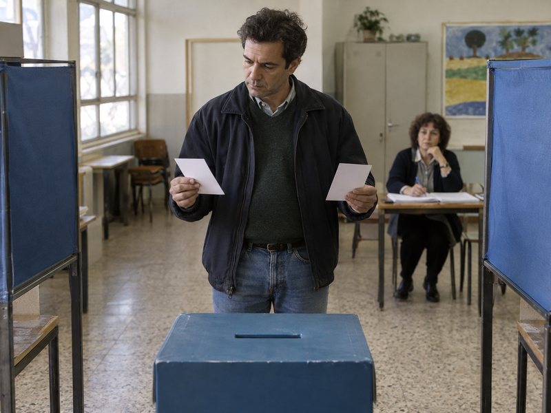 מצביע מתלבט מול כמה פתקים וקלפי במערכת הבחירות הישירה לראשות הממשלה בישראל