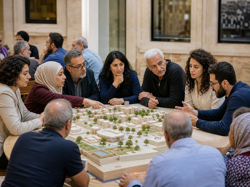 קבוצה מגוונת של אזרחים דנה יחד סביב מודל עירוני בחלל ציבורי, ללא כיתוב