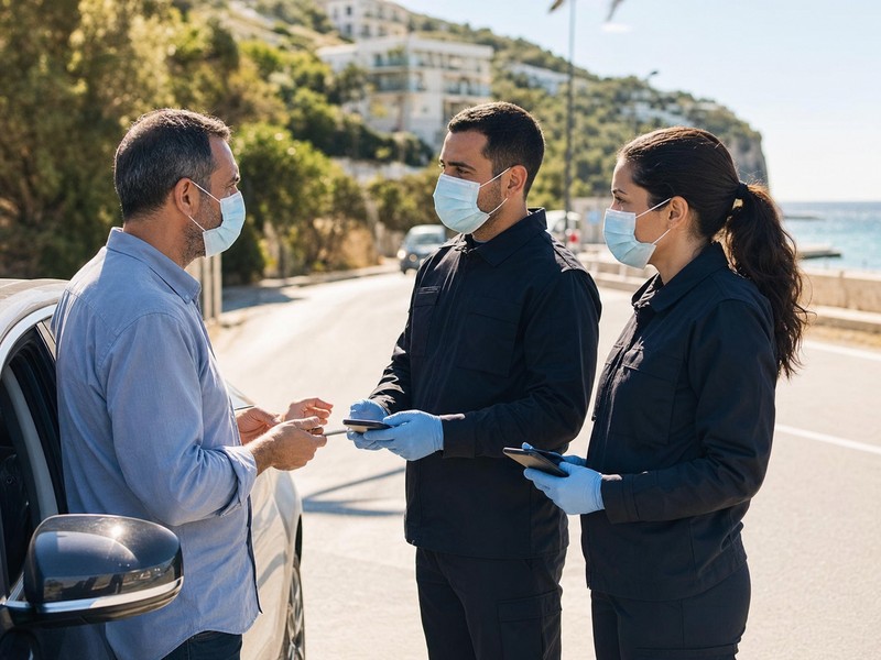 שני אנשי אכיפה עטויי מסכות משוחחים בכבוד עם נהג לצד מכונית בתקופת הקורונה