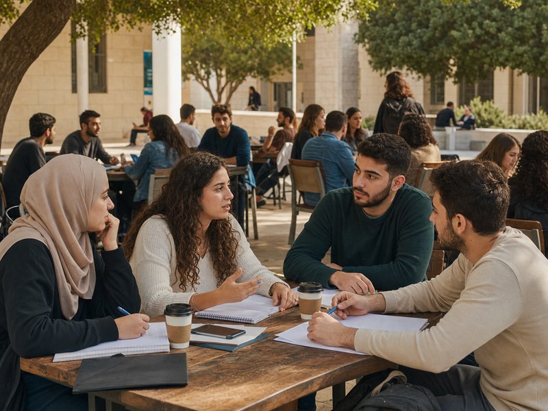 חצר קמפוס ישראלית עם סטודנטים מבוגרים יהודים וערבים בקבוצות שיחה סביב שולחנות ללא טקסט קריא.