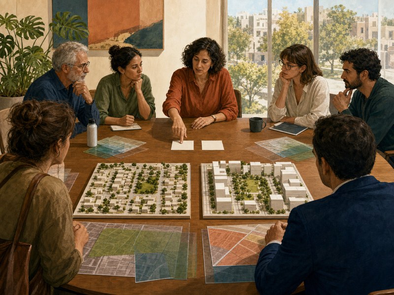 חברי ועדת תכנון עירונית משווים דגמים של שתי הצעות פיתוח על שולחן עבודה