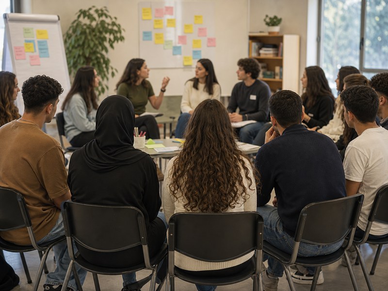 סדנת נוער יהודי־ערבי במעגל כיסאות עם מנחים ולוח פתקים לא קריאים