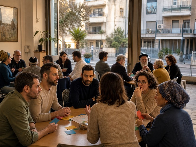 תושבים מרקעים שונים דנים יחד בכרטיסי מדיניות במפגש קהילתי עירוני