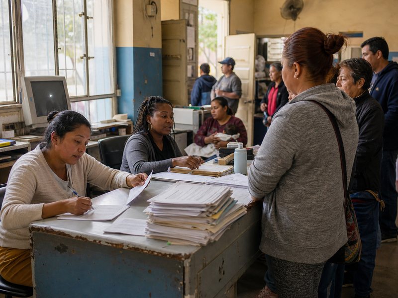 עובדות קו ראשון מטפלות בתושבים ובערמות תיקים במרפאה ציבורית עמוסה